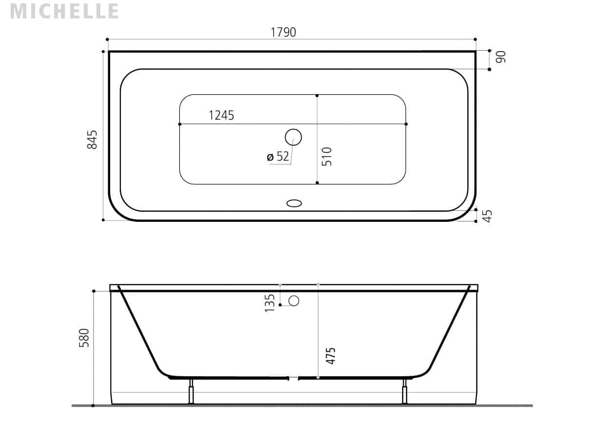 Technische Zeichnung der Whirlpool Badewanne Michelle (180×85 cm)
